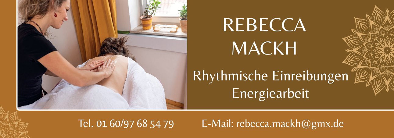 Werbeschild von Rebecca Mackh / Rhythmische Einreibungen und Energiearbeit